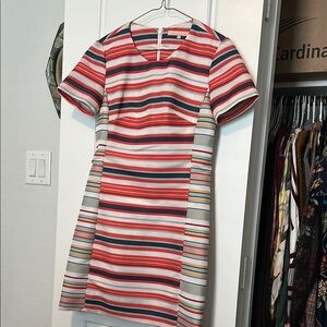 Hutch Orange and White Sheath Mini Dress Crew Neck Short Sleeve